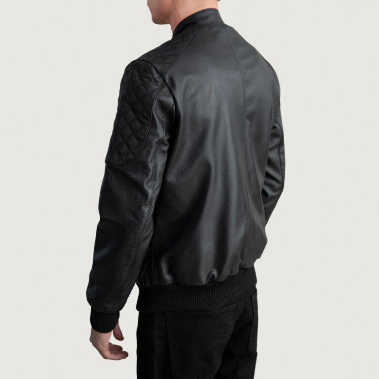 Mens Sven Black Leather Bomber Jacket Tilted Back-8-1724139957072